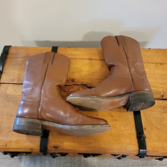 Justin Roper Brown Leather Boots Men’s Sz 5 1/2 B Style 3802 USA Pull on main image 5